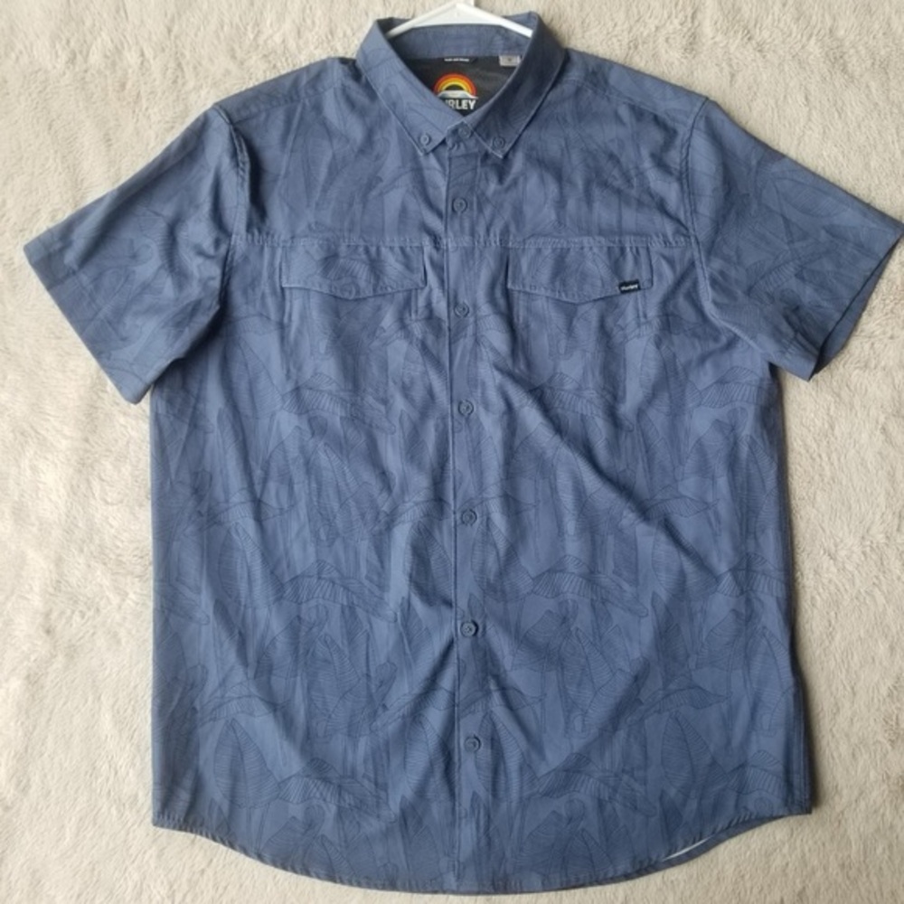 Hurley Mens Short Sleeve Button Down Shirt Blue Tropical Leaf Print Size Medium